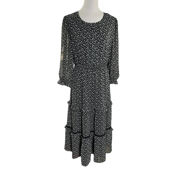 Böhme Black Floral Maxi Dress L Sheer Sleeves, Tiered Skirt, Cottagecore Romance - Picture 1 of 16